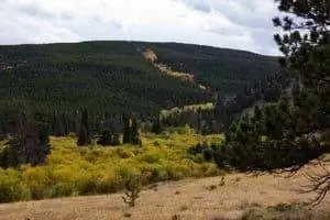 Тропа Аспен спускается с горы от озера Бирштадт с видом на парк Холлоуэлл. Национальный парк Роки-Маунтин, Колорадо.