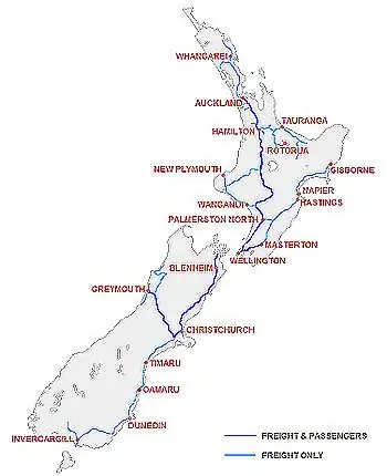 Карта живописных железных дорог Новой Зеландии.