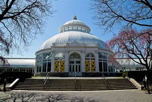 Большая консерватория Palm Dome в Ботаническом саду Нью-Йорка, построенная в 1902 году, является якорем NYBG.