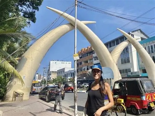 Знаменитый Pembe za Ndovu (бивни слона) на главном проспекте Мои сделан из алюминия и был первоначально построен в 1950-х годах в честь посещения британской королевской семьи.