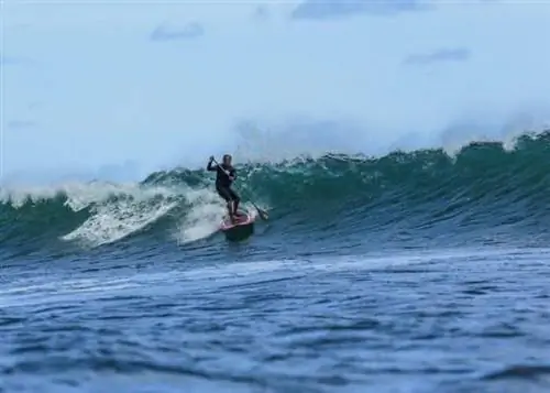 Титус Кинимака рассекает волну на своей доске для сапсерфинга в заливе Ханалей, Кауаи, штат Гавайи. Фото Рая Коуэна