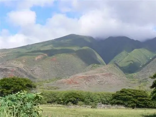 Волнистые зеленые склоны Молокаи Гавайи.