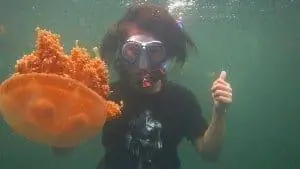 Местный житель в озере с большой медузой.