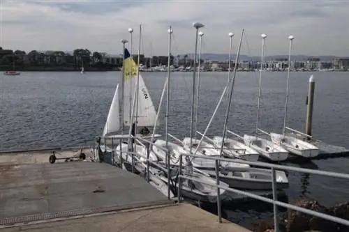 Парусники ждут в Центре парусного спорта Калифорнийского университета в Марина-дель-Рей, Калифорния.