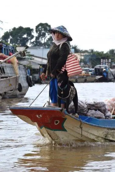 Дама с собакой на плавучем рынке.
