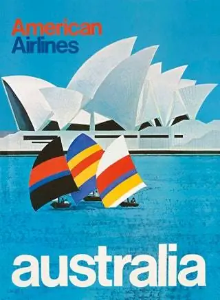 Сиднейский оперный театр изображен на этом плакате American Airlines, чтобы пригласить граждан США…