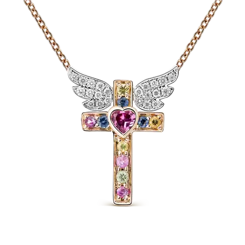 Кулон из 18-каратного розового и белого золота с разноцветными сапфирами и ограненным розовым турмалином в огранке «сердце» от Surez