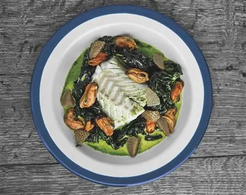 Запеченная треска с соусом из капусты и зеленой клубники с мидиями и маслом из копченой петрушки в ресторане Musling…