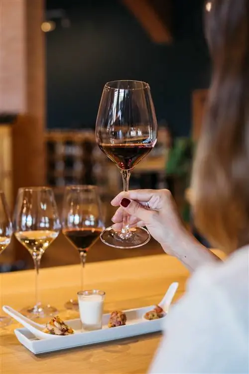 Женщина держит бокал вина перед столом с крышками.