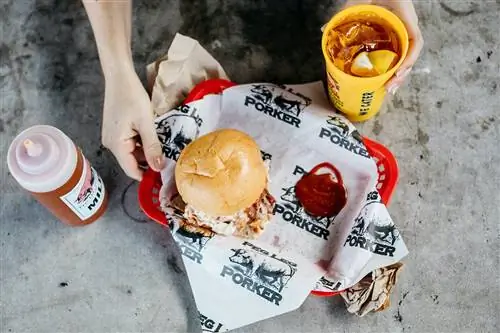 Рука держит красный поднос с бутербродом и напитком в желтой чашке в Peg Leg Porker.