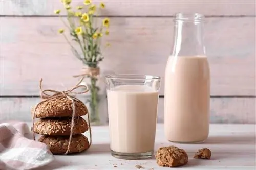 Стакан молока и стопка петушков с вазой с цветами на заднем плане