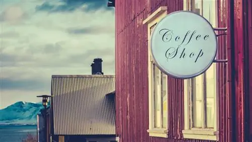 Кофейня в Рейкьявике, Исландия, со снежными горами вдалеке