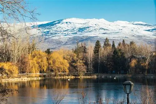 Озеро Puigcerda зимой с снежным пиком горы и отраженными желтыми деревьями