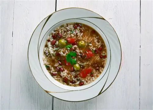 белая миска асопао с фасолью, рисом и оливками - пуэрториканская еда