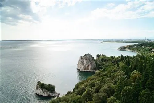 Адриатическое море с руинами старого замка Дуино недалеко от Триеста, Италия