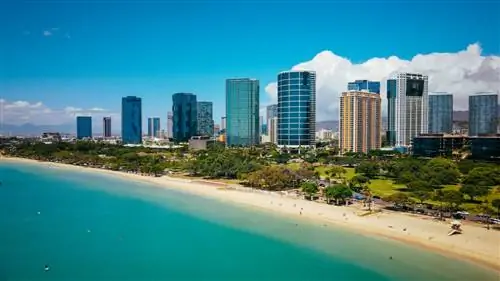 Aerial Ala Moana Beach Park, Гонолулу, Оаху, Гавайи, пляжи Оаху для семей