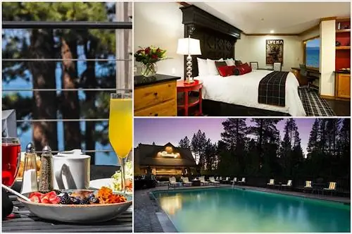 Коллаж из фотографий бассейна, номеров и еды в отеле The Landing Tahoe
