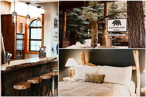 Коллаж из фотографий обуви Black Bear Lodge в бело-черном интерьере с деревянными вставками