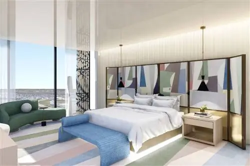 Визуализация спальни в роскошном отеле Lake Nona Wave Hotel в Орландо, Флорида