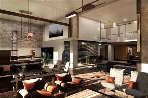 Визуализация гостиной в отеле Thompson Hotel Denver, одном из лучших новых роскошных отелей в США.