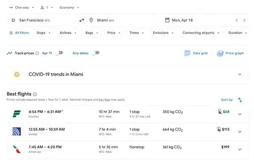 Скриншот из поисковика полетов Google Flights