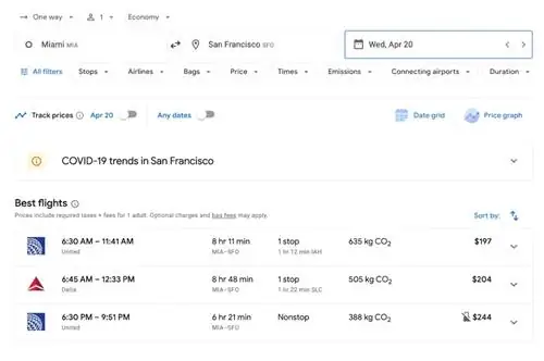 Скриншот из поисковика полетов Google Flights