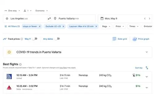 Скриншот из поисковика полетов Google Flights