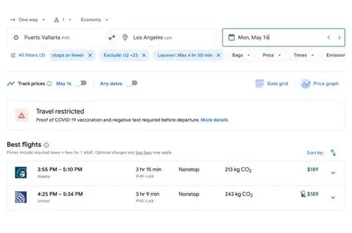 Скриншот из поисковика полетов Google Flights