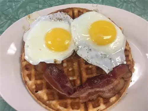 Tastee Diner, переваренные яйца и полоска бекона, выложенная поверх вафли, как смайлик, лучший завтрак в Эшвилле.