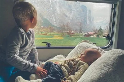 Младенец в дорожном кресле со старшим ребенком, смотрящим в окно