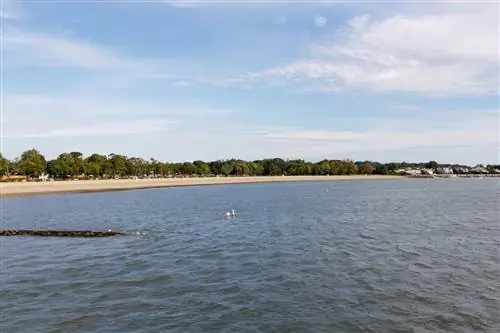 Пляж Calf Pasture Beach в Норуолке, Коннектикут, вид с берега