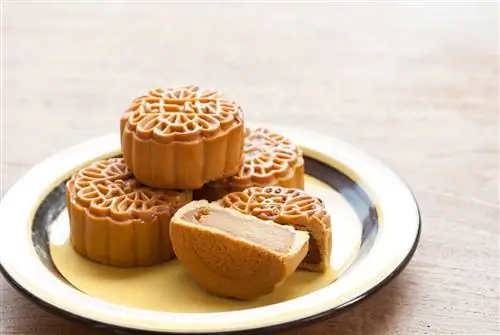 Китайские десерты Mooncake на тарелке Китайские десерты Mooncake на тарелке