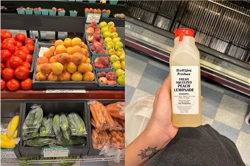 выбор продуктов, включая персики и огурцы на продуктовом стенде на рынке амишей в аннаполисе и женская рука, держащая пластиковую бутылку персикового лимонада