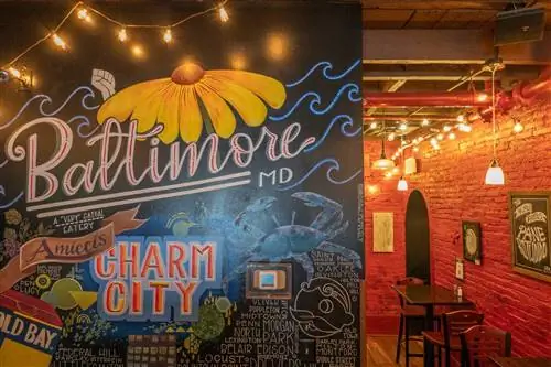 Фреска Charm City в столовой Amicci's, одного из итальянских ресторанов B altimore Little Italy.