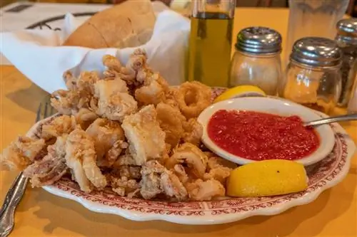 тарелка жареных кальмаров с гарниром из маринары в Chiapparellis, одном из ресторанов B altimore Little Italy