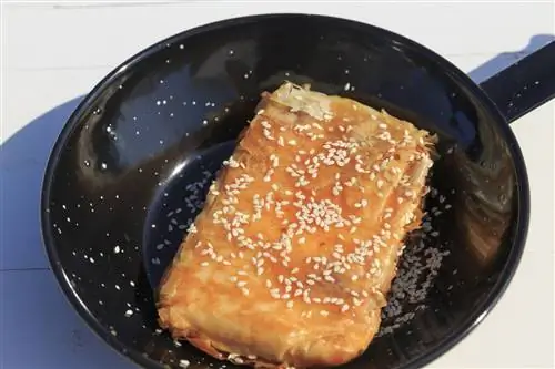 Закуска из сыра фета, завернутая в филло, с медом и кунжутом